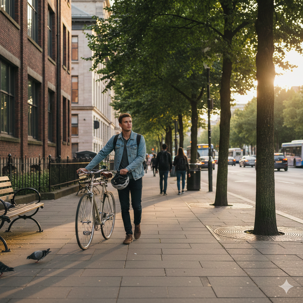 Personne qui pousse un vélo