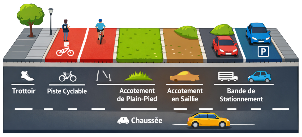 Illustration des différents types de voie publique : trottoir, piste cyclable, chaussée, accotement et bande de stationnement