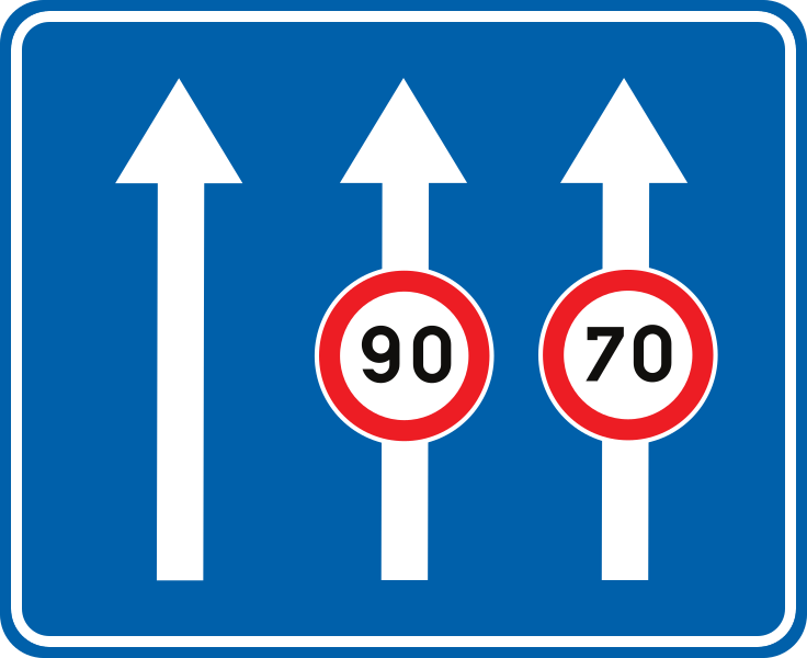 F91. Route à 3 bandes avec différentes limitations de vitesse